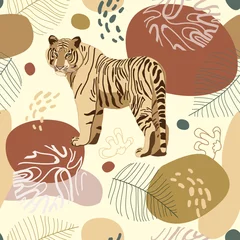 Tapeten Seamless tropical pattern with tiger, leaves. African background. Design for wallpaper, textile design, packing, textile, fabric. Tropics, paradise, resort theme. Wild cat, feline © Christina