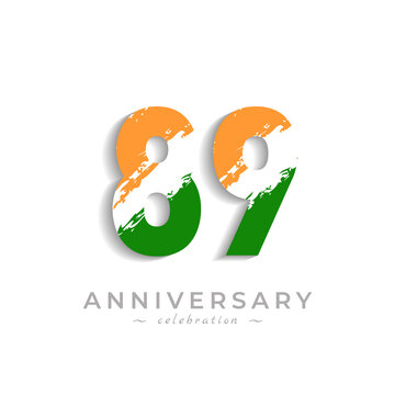 89 Year Anniversary Celebration with Brush White Slash in Yellow Saffron and Green Indian Flag Color. Happy Anniversary Greeting Celebrates Event Isolated on White Background
