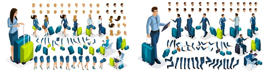 Isometric create your character, business lady and businessman at the airport. Set of gestures of hands, feet, emotions of the character, a set of different hairstyles. Set 1