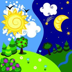 bright cartoon illustration of day and night