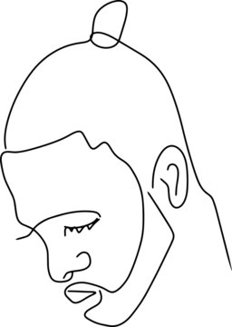 Continuous one line drawing. Abstract portrait avatar of young a black guy of African appearance in minimalistic modern style. Beauty image, men's hairstyle, a bundle of hair for barbershop