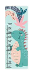 Height chart light green. Girl or boy height measurement poster. Stylish decoration of childrens room. Graduation of kids, poster with cute dinosaur, bc, era. Cartoon flat vector illustration