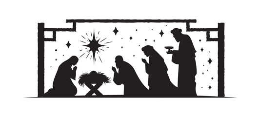 Holly night festival. Silhouettes of religious characters. Graphic element for website. Patterns for printing on clothes. Saints worship, group of people praying. Cartoon flat vector illustration