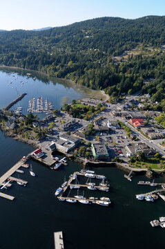 Ganges aerial photograph with the Kanaka dock in the foreground, Salt Spring Island, British Columbia, Canada