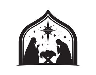 Silhouettes of people praying over child. Appearance of Jesus Christ, scenes from religious life. Bible Sketches, Christianity, Traditional Images, nursery, baby. Cartoon flat vector illustration © 100% HAND-CRAFTED