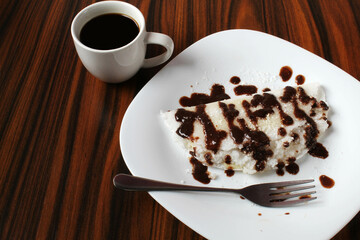 Sweet tapioca. Coconut tapioca with chocolate and coffee cup,