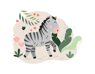 Zebra in forest. Animal in natural habitat. African tropical and exotic beasts, wildlife. Safari and savannah. Graphic elements for printing on baby clothes. Cartoon flat vector illustration