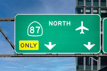Highway 87 North overhead road sign in Downtown San Jose with the direction to the airport