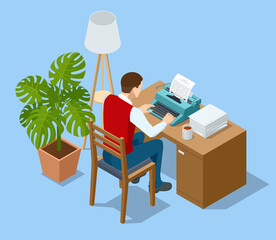 Fototapeta premium Isometric young busy worker typing on typewriter. World Writer Day. Writer editor journalist or copywriter workspace.
