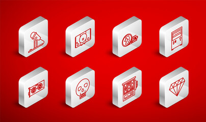 Set line Diamond, Video game console, Coin for, Computer, Slot machine, Microphone, Skull and graphic card icon. Vector