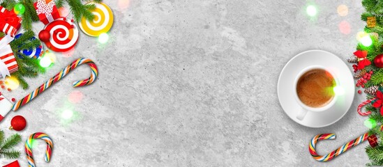 Christmas holiday with hot chocolate, pine tree, candy canes