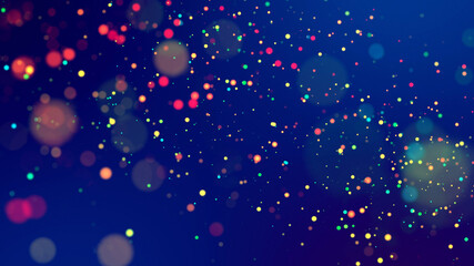 cloud of multicolored particles fly in air slowly or float in liquid like sparkles on dark blue background. Beautiful bokeh light effects with glowing particles. 3d render