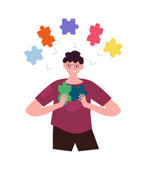 Man with puzles. Teamwork metaphor, character solves puzzle. Graphic elements for website. Society, people. Friendly guy, adult. People in different life situations. Cartoon flat vector illustration