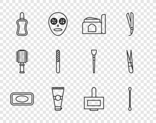 Set line Bar of soap, Cotton swab for ears, Cream cosmetic tube, Lotion, Nail polish bottle, file, and Eyebrow tweezers icon. Vector