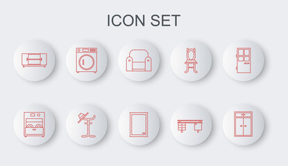 Set line Wardrobe, Kitchen dishwasher machine, Armchair, Office desk, TV table stand, Washer, Coat and Picture icon. Vector
