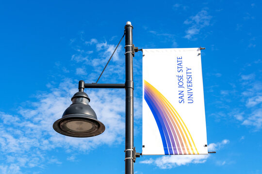 San Jose State University banner on street light pole at SJSU campus - San Jose, California, USA - 2021