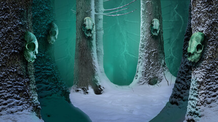 Skulls hanging on snowy trees in winter forest. Norse pagan worship ritual	
