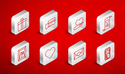 Set line Mobile with heart, Like and, Heart in hand, Envelope Valentine, Gift box, and Picture frame icon. Vector