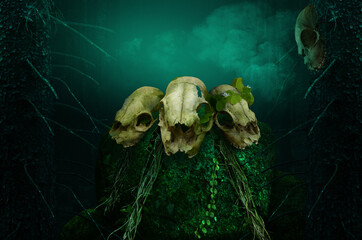 Three skulls on mossy rock in dark mysterious forest with smoke. One skull hanging on the tree. Ancient celtic druid pagan witchcraft ritual.