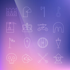 Set line Medieval iron helmet, flag, axe, King crown, Well with bucket, and Catapult shooting stones icon. Vector