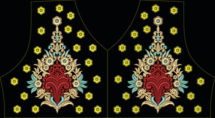 Fototapeta na wymiar Latest embroidery design ethnic flowers neckline design