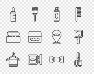 Set line Towel on a hanger, Scissors hairdresser, Shaving gel foam, Barbershop, Beard and mustaches care oil bottle, Cream lotion cosmetic jar, Bow tie and Hand mirror icon. Vector