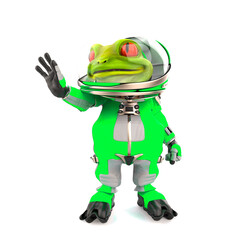 frog astronaut is touching the air in white background