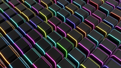 3d render. Abstract dark background with black blocks like plates, keys or sticks in a rows on plane like light bulbs, with multicolor neon lights.