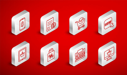 Set line Monitor with shopping basket, Paper check and financial check, Shopping cart mark, Button text New, building closed, Smartphone dollar, Shoping bag percent discount and tablet icon. Vector