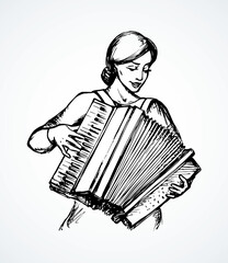 Lady plays the accordion. Vector drawing - obrazy, fototapety, plakaty