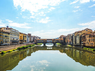 Wide view of Ponte Vecchio and Florence buildings from Ponte Santa Trinita- Florence, Italy