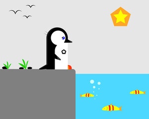 Penguin at the beach in editable vector illustration