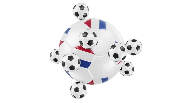 Realistic seamless looping satisfying 3D animation of the Netherlands flag spinning soccer football ball with orbital rolling small balls as satellites rendered in UHD with alpha matte