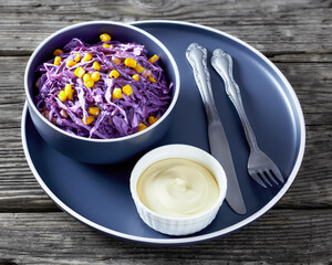 red cabbage corn salad with mayonnaise dressing