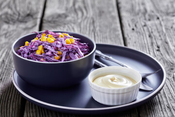 red cabbage corn salad with mayonnaise dressing