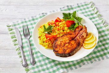 oven baked salmon steak with yellow rice