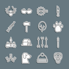 Set line Bear head on shield, Medieval spear, Paw print, Trap hunting, Road traffic sign, Shotgun, Deer antlers and Tree icon. Vector