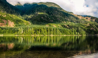 VANCOUVER ISLAND, BC - Tree covered mountains with a reflection of Nimpkish lake.