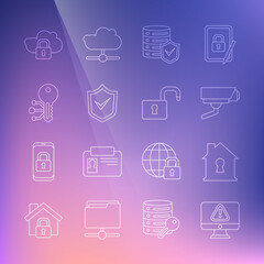 Set line Monitor with exclamation mark, House under protection, Security camera, Server shield, Shield check, Cryptocurrency key, Cloud computing lock and Open padlock icon. Vector