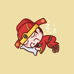 cute cartoon caishen god in chinese new year, asleep on the pillow. vector illustration for mascot logo or sticker