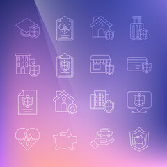 Set line Piggy bank with shield, Location, Credit card, House, Document, Graduation cap and Shopping building icon. Vector