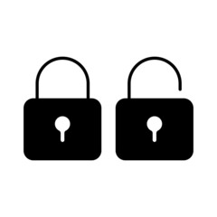 Lock, unlock solid black icons set. Line security symbol. Trendy flat ui sign design. Password concept. Linear graphic pictogram for web, mobile application. Logo illustration. Vector EPS 10.