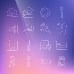 Set line Painkiller tablet, Dentures model, Broken tooth, Tooth whitening, Dental clinic location, and search icon. Vector