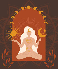 Mystical woman with sun and moon. Pictures in bohemian style. Character sitting in lotus position, meditation. Magic and witchcraft. Fashion trendy poster or banner. Cartoon flat vector illustration