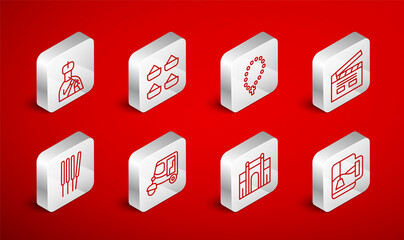 Set line Cup of tea with tea bag, Indian spice, Rosary beads religion, Bollywood indian cinema, Gate Delhi, man plays flute, Taxi tuk tuk and Aroma sticks, incense icon. Vector