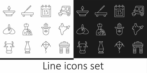 Set line India Gate in Delhi, map, Independence day, Indian man plays flute, headgear turban, Aroma lamp, Hamsa hand and Scented spa stick icon. Vector