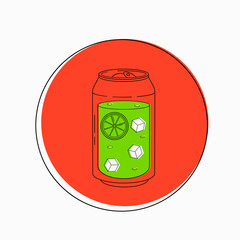 Can of refreshing drink, ice cubes and slices of lemon vector, icon isolated on white background