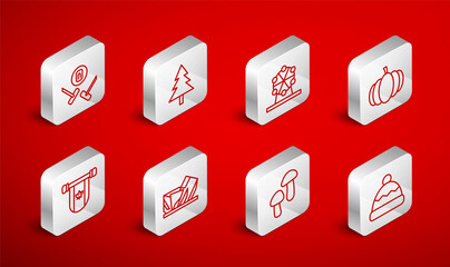 Set line Beanie hat, Christmas tree, Ferris wheel, Pumpkin, Mushroom, Curling sport game, Royal Ontario museum and Pennant Canada icon. Vector