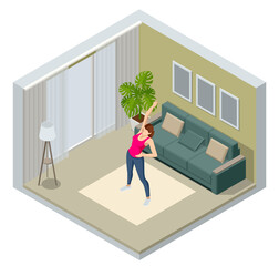 Isometric gymnastics, morning concept. Morning fitness exercising, Morning exercise for health. The woman is engaged in fitness. Healthy woman exercising at home