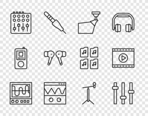 Set line Oscilloscope, Music equalizer, Movie spotlight, Sound mixer controller, Air headphones, Microphone with stand and Online play video icon. Vector